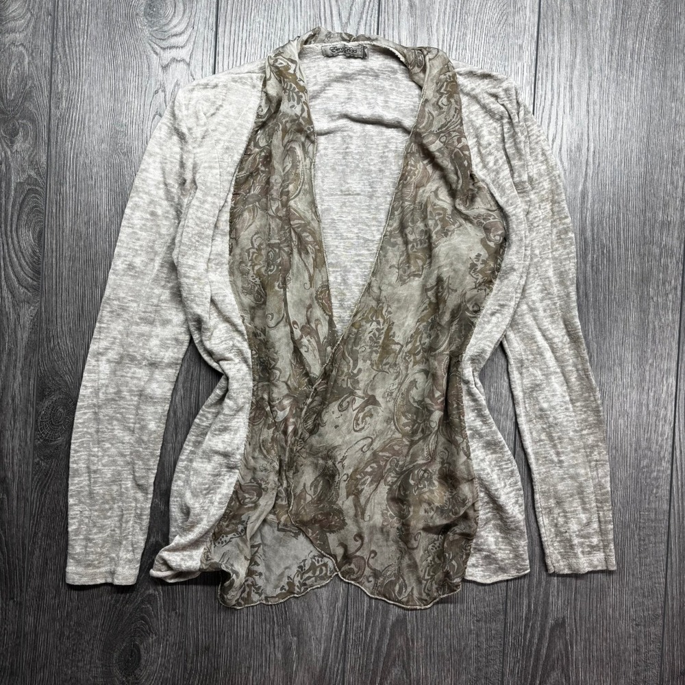 Elena Baldi Made in Italy Silk Blend Floral Paisley Open Cardigan Tan Gray Med